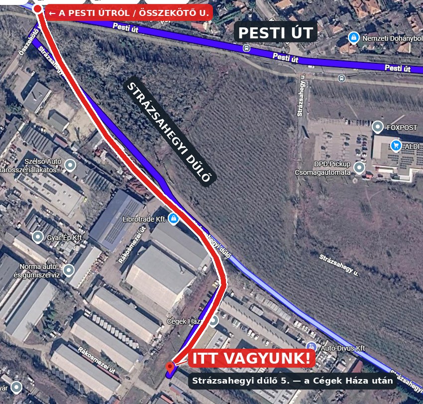 Útvonal a telephelyünkhöz: a Pesti útról a Strázsahegyi dűlőn – 1171 Budapest, Strázsahegyi dűlő 5.